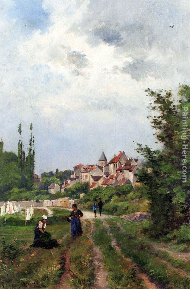 Washer Women_On A Sandy Track With A Village Beyond painting - Henri-Joseph Harpignies Washer Women_On A Sandy Track With A Village Beyond art painting
